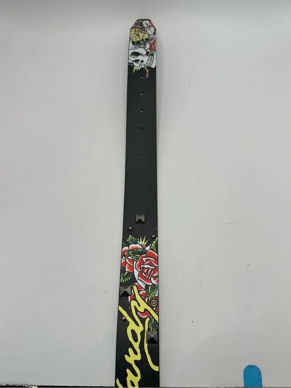 Ed Hardy Men's Graphic Print Studded Skull Belt Adjustable Buckle Black Size 38